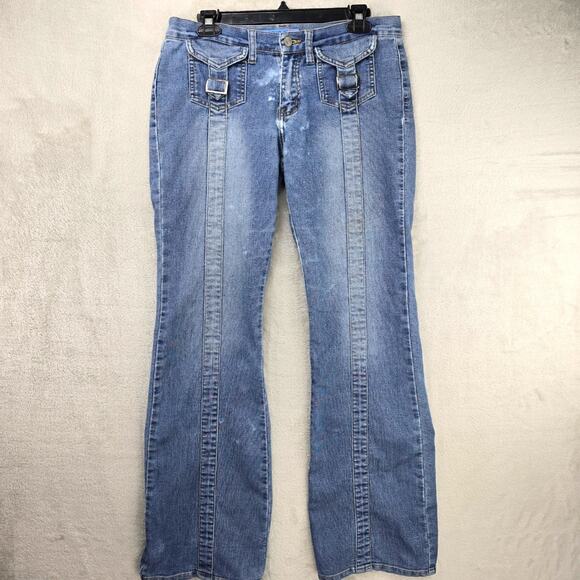 Vintage Apollo Jeans 5/6 Pinstripe Buckle Pockets Blue Mid Rise Y2K Distressed - Picture 1 of 16